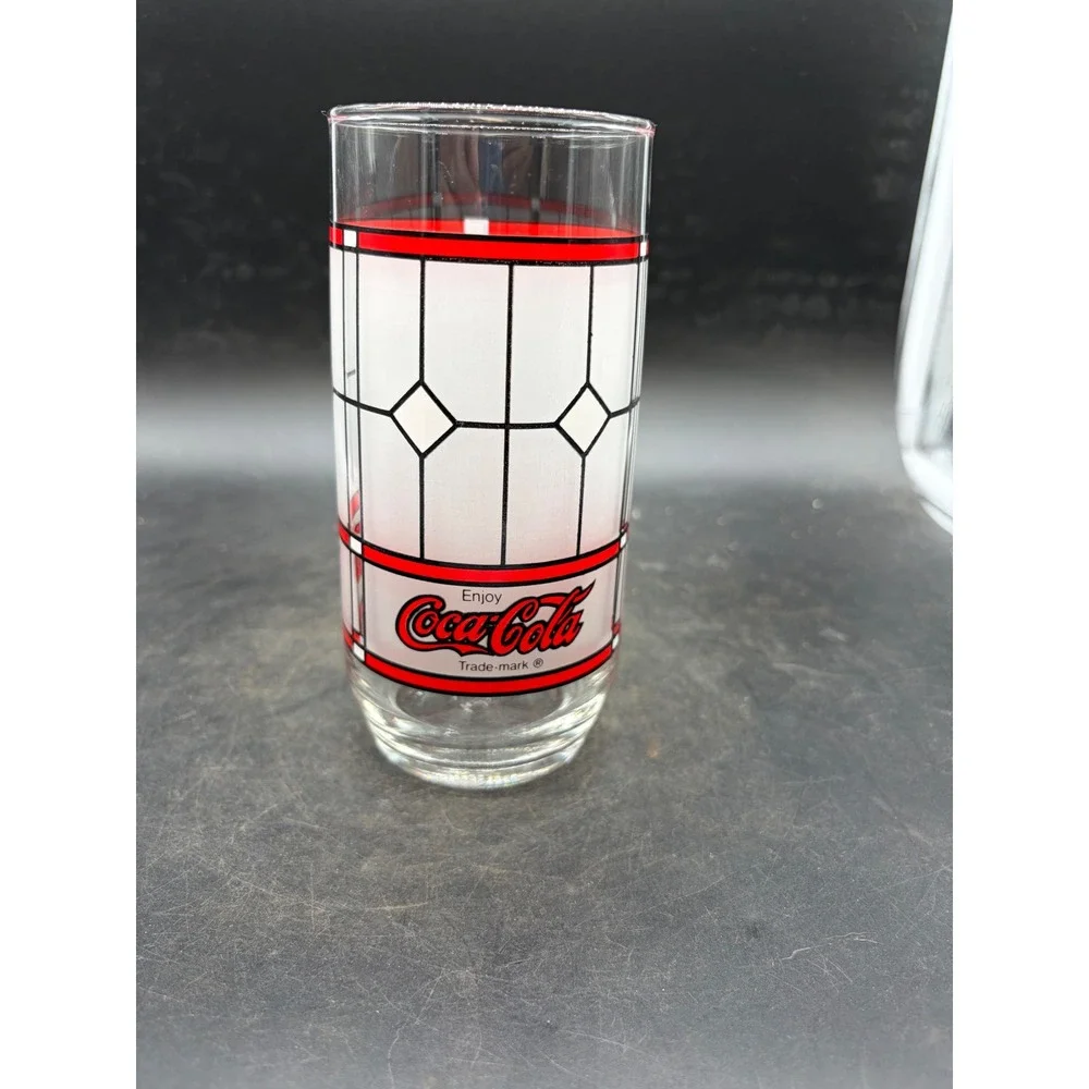 Vintage Coca-Cola Stained Glass Pattern Drinking Glass Tumbler Frosted 6 Inch